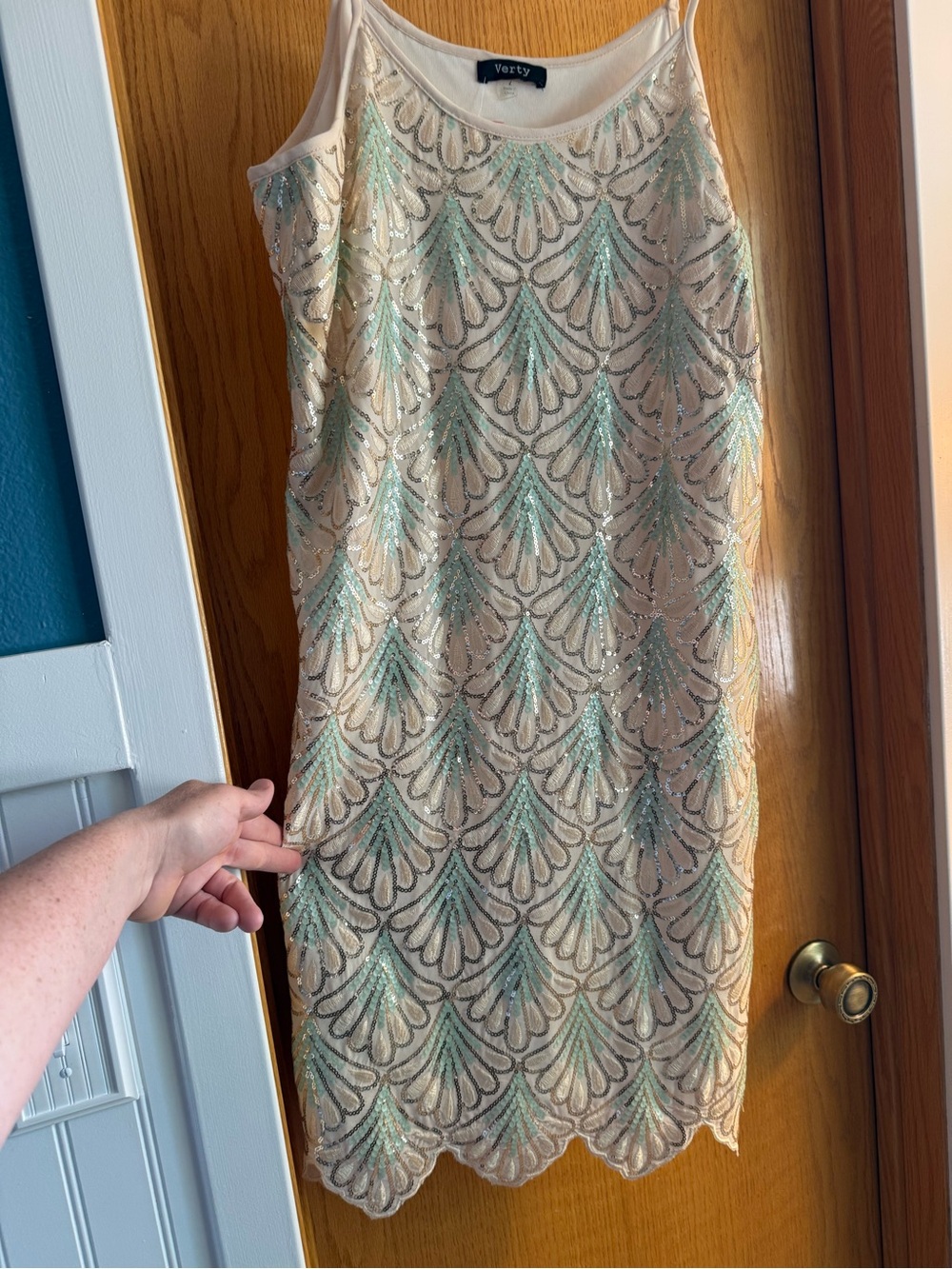 verty Cream Mini Dress with Mint Beaded Fan Motifs